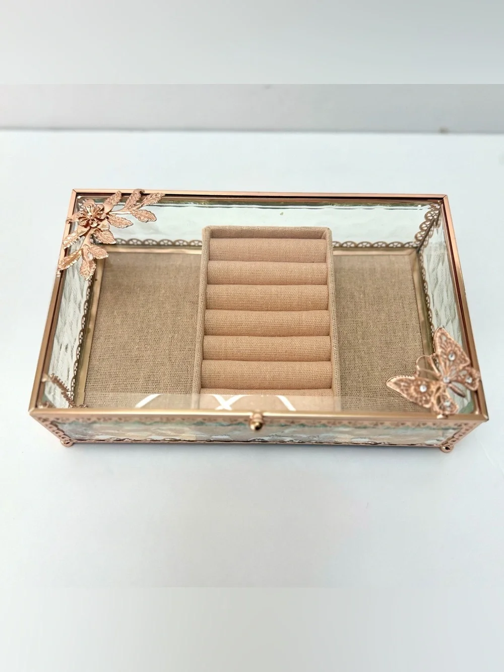 Rose Gold Glass Jewelry Box Butterfly Floral Design Ring Organizer Display Case